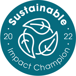 a teal background with white writing saying sustainable impact champion 2022