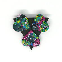 Load image into Gallery viewer, A colourful piece of wearable art! A green triangular brooch with three hearts!
