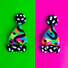 Load image into Gallery viewer, Bright, bold and colourful earrings which have black and white circular stud tops and multicoloured neon triangles with black dots and swirls!