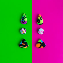 Load image into Gallery viewer, Sterling silver and clay studs for people with skin sensitivities who would like to wear colourful earrings. This pack contains circular studs in neon/white, neon/black mini mothwings and cute neon teardrops! 
