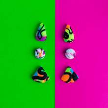 Load image into Gallery viewer, Sterling silver and clay studs for people with skin sensitivities who would like to wear colourful earrings. This pack contains circular studs in neon/white, neon/black mini mothwings and cute neon teardrops!