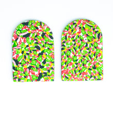 Load image into Gallery viewer, Mosaic Rocks Arch Earrings - close up view of arch shaped earrings with tiny green lime shapes, dark green, marbled red and white, yellow and pink colours.