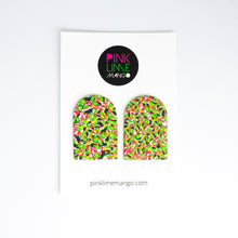 Load image into Gallery viewer, These stunning statement arch shaped earrings are adorned with tiny green lime shapes, dark green, marbled red and white, yellow and pink colours. There are attached to a white backing card with the Pink Lime Mango logo.