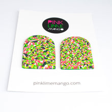Load image into Gallery viewer, Side view of arch shaped earrings with tiny green lime shapes, dark green, marbled red and white, yellow and pink colours. Attached to a white backing card with the Pink Lime Mango logo at the top.