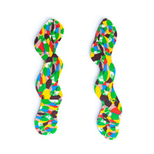 Load image into Gallery viewer, Statement mosaic rocks squiggle earrings with a beautiful pattern of marbled brown, green, cream, bright red, electric blue, mango orange with a chocolate coloured brown base.