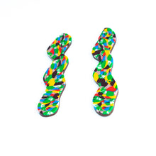 Load image into Gallery viewer, Statement mosaic rocks squiggle earrings with a beautiful pattern of marbled brown, green, cream, bright red, electric blue, mango orange with a chocolate coloured brown base.