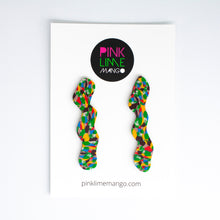 Load image into Gallery viewer, White backing card with squiggle earrings with a beautiful mosaic pattern of marbled brown, green, cream, bright red, electric blue, mango orange with a chocolate coloured brown base.