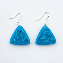 Load image into Gallery viewer, glittery blue resin triangle earrings with silver plated hooks
