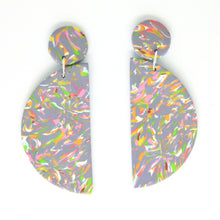 Load image into Gallery viewer, Measurements: 6cm length 1.5cm width Unique one of a kind design featuring a mixed colour detail. Available with silver plated studs. Bold and beautiful statement earrings which are a stunning and eye catching compliment to your outfit.