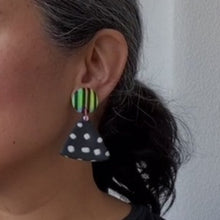 Load image into Gallery viewer, A video still of Vicky from Pink Lime Mango modelling handcrafted earrings for size reference. Bright, bold and colourful Dial Up earrings made in Bristol UK