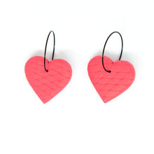 Load image into Gallery viewer, Unique handmade hoops in a beautiful pink colour with a diamond net texture! The earrings are handcrafted from lightweight polymer clay. Handmade by British artist, Vicky, in her home studio in Bristol, UK.