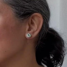 Load image into Gallery viewer, A video still of Vicky from Pink Lime Mango modelling handcrafted earrings for size reference. Bright, bold and colourful earrings made in Bristol UK
