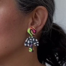 Load image into Gallery viewer, A video still of Vicky from Pink Lime Mango modelling handcrafted earrings for size reference. Bright, bold and colourful Neon Drops earrings made in Bristol UK