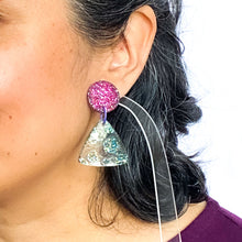 Load image into Gallery viewer, Model shot of purple and teal resin earrings
