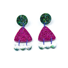 Load image into Gallery viewer, Handcrafted resin earrings decorated with teal blue and purple glitter. The round stud top has a been jam packed with gorgeous sparkly blue and green glitter. The middle triangle piece is fabulously purple and glittery! The three bumps piece at the bottom has clear resin with teal glitter edging.