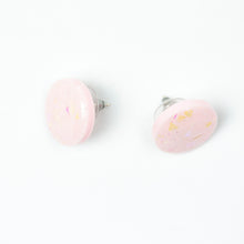 Load image into Gallery viewer, handcrafted bubble-gum pink resin statement studs. They contain the most amazing aurora glitter flakes. Colour changing iridescent pieces which shine when they catch the light. The earrings posts are made of sterling silver.