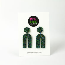 Load image into Gallery viewer, Earrings displayed on Pink Lime Mango backing card. Handcrafted resin arch earrings that are jam packed with sparkly teal blue, green and gold glitter! These beauties have flower stud tops and look fabulous on!
