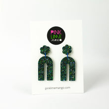 Load image into Gallery viewer, Earrings displayed on Pink Lime Mango backing card. Handcrafted resin arch earrings that are jam packed with sparkly teal blue, green and gold glitter! These beauties have flower stud tops and look fabulous on!