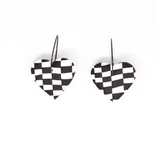 Load image into Gallery viewer, These are an exclusive Pink Lime Mango pair of hoops! Made with polymer clay and hypoallergenic stainless-steel hoops. Contemporary British design featuring a unique chequerboard racing flag pattern!