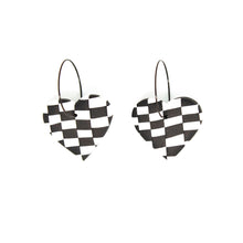 Load image into Gallery viewer, These are an exclusive Pink Lime Mango pair of hoops! Made with polymer clay and hypoallergenic stainless-steel hoops. Contemporary British design featuring a unique chequerboard racing flag pattern!
