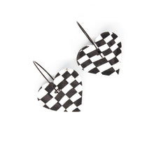 Load image into Gallery viewer, These are an exclusive Pink Lime Mango pair of hoops! Made with polymer clay and hypoallergenic stainless-steel hoops. Contemporary British design featuring a unique chequerboard racing flag pattern!