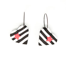 Load image into Gallery viewer, The cut out star shape in the striped heart is carefully filled in with a contrasting pink star! Contemporary and lightweight statement earrings. Handmade in Bristol, UK