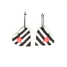 Load image into Gallery viewer, The cut out star shape in the striped heart is carefully filled in with a contrasting pink star! Contemporary and lightweight statement earrings. Handmade in Bristol, UK