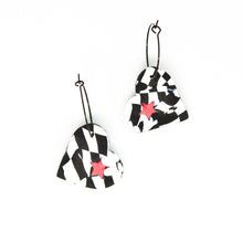 Load image into Gallery viewer, The cut out star shape in the striped heart is carefully filled in with a contrasting pink star! Contemporary and lightweight statement earrings. Handmade in Bristol, UK