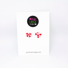 Load image into Gallery viewer, Pink and red mini heart studs. A pale pink base heart with tiny red hearts overlaid to give a slightly raised textured pattern.