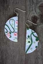 Load image into Gallery viewer, Our beautiful apple dangle earrings. Inspired by a sunny walk in June through the crab apple trees. Lightweight earrings with raised and textured detailing in light blue, mint green, dark green and pink with a light brown base.

