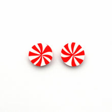 Load image into Gallery viewer, Peppermint Candy Studs which look almost good enough to eat! (but please don&#39;t!) Made with silver plated stud posts and backs.  Measurements: Diameter 1.5cm
