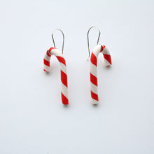 Load image into Gallery viewer, Gorgeous candy cane earrings with unique handmade sterling silver earring hooks, which are a completely original design. The earring wires have been specifically made to hold these cute canes in place! Lightweight and comfortable to wear!
