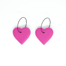 Load image into Gallery viewer, Beautiful vibrant pink hearts with stainless steel black hoops. Lightweight, handcrafted and one of a kind!
