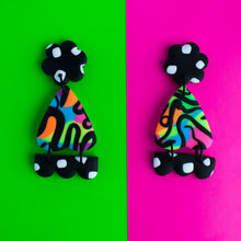 Load image into Gallery viewer, Superb Status Collection strikes again! Make a statement with these awesome earrings in vibrant contrasting neon and monochrome patterns! Monochrome flower tops, neon moth wing middles and monochrome three bump bottoms! Finished with black jump rings!
