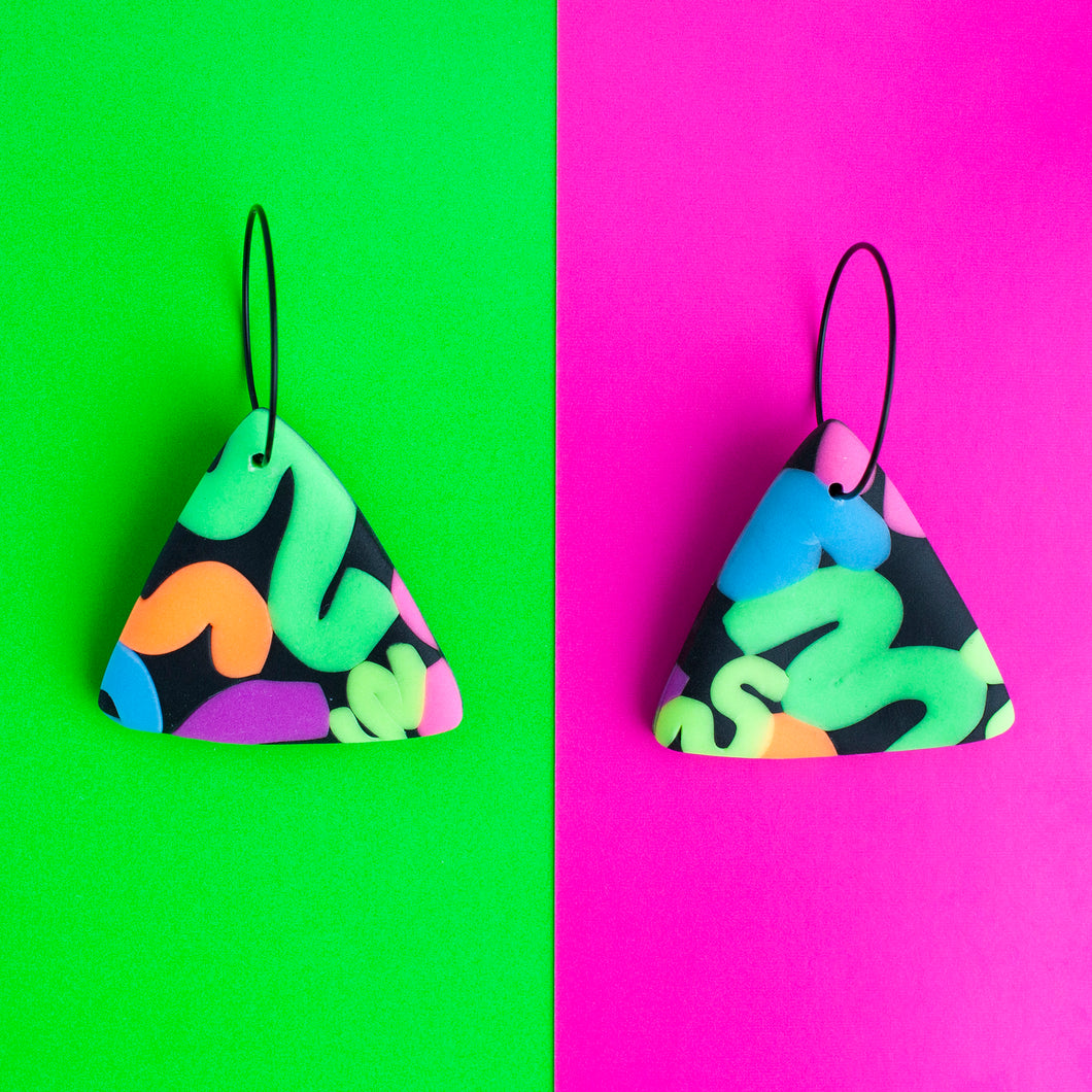 Status Collection - colourful neon hoop earrings! A rounded triangle with bright neon squiggles on a black base!