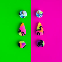Load image into Gallery viewer, Sterling silver studs with colourful polymer clay! This vibrant triple pack of studs is perfect for those of you that can&#39;t wear dangle earrings to work. I&#39;ve also created this set for people with skin sensitivities who would like to wear colourful earrings. This pack contains circular studs in neon/white, neon/black and cute neon teardrops!
