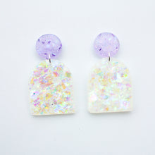 Load image into Gallery viewer, Arch shaped colour shift dangle earrings with lilac glitter stud tops.
