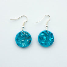 Load image into Gallery viewer, A stunning blue colour in these beautiful resin earrings! Oceans Blue Circle Drops feature chunky aqua eco-glitter and electric blue mica power.
