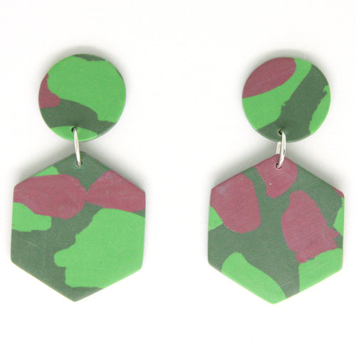 Stunning statement earrings in a cool camouflage design with green and mauve colourways.