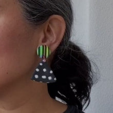 Load image into Gallery viewer, A video still of Vicky from Pink Lime Mango modelling handcrafted earrings for size reference. Bright, bold and colourful Dial Up earrings made in Bristol UK
