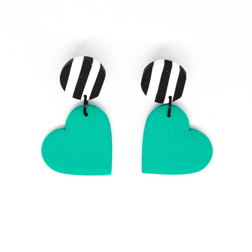 Bright, bold and colouful earrings with black and white striped stud top and a vibrant bright green heart. The earrings are handcrafted from lightweight polymer clay. Handmade by British artist, Vicky, in her home studio in Bristol, UK.