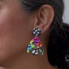 Load image into Gallery viewer, A video still of Vicky from Pink Lime Mango modelling handcrafted earrings for size reference. Lightweight statement Lumi earrings made in Bristol UK
