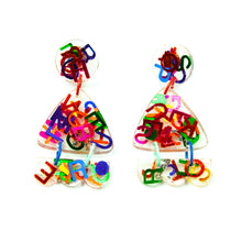 Load image into Gallery viewer, Handcrafted clear resin earrings decorated with multi-coloured foil letters! Seen from an angle!
