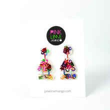 Load image into Gallery viewer, Handcrafted clear resin earrings decorated with multi-coloured foil letters! Displayed on a Pink Lime Mango backing card
