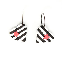 Load image into Gallery viewer, The cut out star shape in the striped heart is carefully filled in with a contrasting pink star! Contemporary and lightweight statement earrings. Handmade in Bristol, UK
